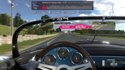 First person driver’s seat view of Gran Turismo 7’s Music Rally mode