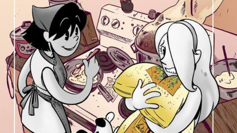 Two black and white cartoon women cook in a kitchen on the cover of The Poorcraft Cookbook.
