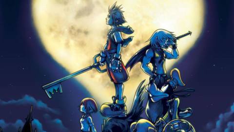 Artwork of Sora, Riku, and other characters silhouetted against a heart-shaped moon, from the original Kingdom Hearts. 