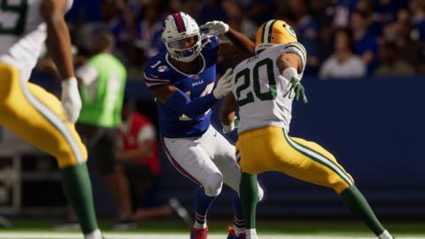 wide receiver Stefon Diggs of the Buffalo Bills fends off a Green Bay Packers defensive back in Madden NFL 22