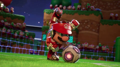 an armored Mario winding up to kick a soccer ball in Mario Strikers: Battle League