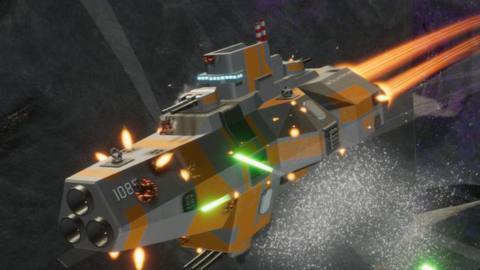 A large spaceship taking enemy fire fills the image with it’s main rockets firing on full and directional boosters firing on its bow.
