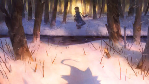 a trainer looks back at a spooky shadow in a snowy forrest. 