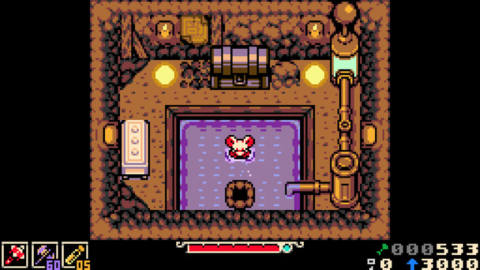 a pixelated mouse sits in a room in mina the hollower