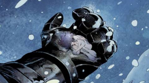 A huge metal hand holds a small naked child in a snowy environment in Step by Bloody Step #1 (2022).