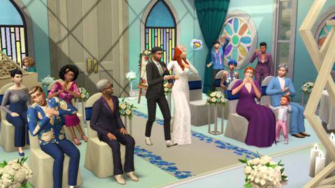 A couple walks down the aisle in a screenshot from The Sims 4’s My Wedding Stories expansion