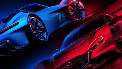 Artwork of two cars in red and blue from Gran Turismo 7 