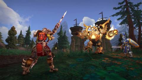World of Warcraft - the forces of the Horde and Alliance battle outside a city