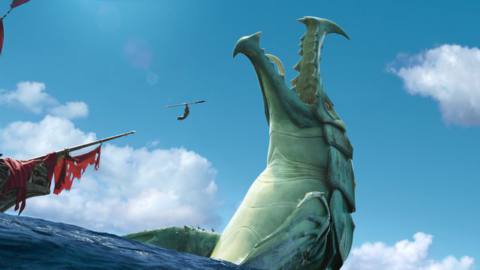 Jared Harris as Captain Crow leaps with a spear in hand towards a massive sea creature in The Sea Beast.