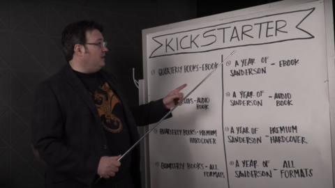 Brandon Sanderson points to a whiteboard that outlines the Kickstarter rewards for backers who purchase the four secret novels, as well as the eight months of swag boxes.