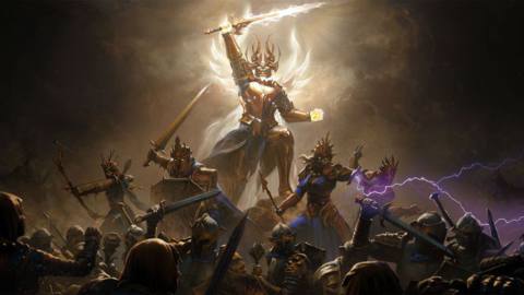 title art for Diablo Immortal showing a lone figure hoisting a sword above a crowd of other warriors