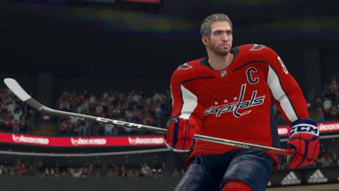 a helmetless Alex Ovechkin skates around holding his stick in NHL 21