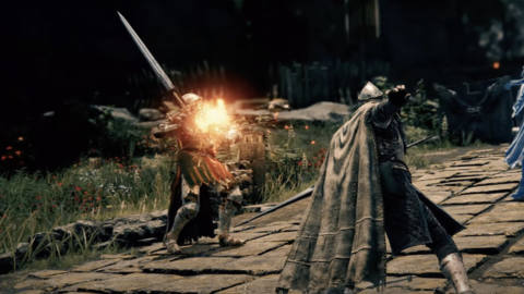 An Elden Ring player character fighting a soldier-like enemy, and an enemy that looks like a ghost. 