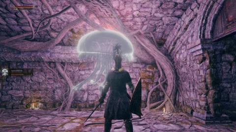 Elden RIng - a player Tarnished stands next to a spectral jellyfish in a dark cave