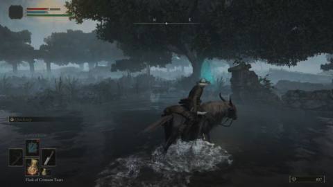 An Elden Ring player on the back of Torrent, the horse summon, while riding through a dark swamp.
