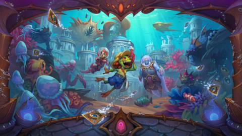 Hearthstone - Voyage to the Sunken CIty key art, showing a murloc and other heroes frolicking in the deep sea city of Zin-Azshari.