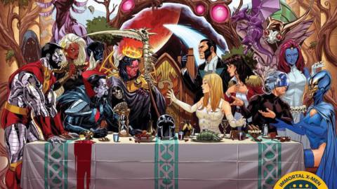 The Quiet Council and other characters argue around a table on the cover of Immortal X-Men #1 (2022).