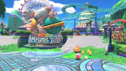 Kirby is chased through a dilapidated amusement park in Kirby and the Forgotten Land