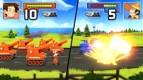 Artillery units fire on an enemy group in a screenshot from Advance Wars 1+2: Re-Boot Camp