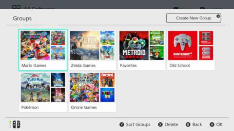 A menu showing off the Nintendo Switch’s Groups feature, with folders for Mario and Zelda games, old school titles, and others.