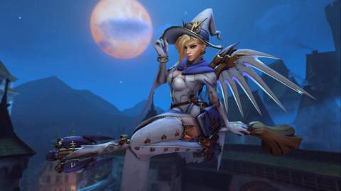 Mage Mercy rides her broom in a screenshot from Overwatch’s 2022 Anniversary event