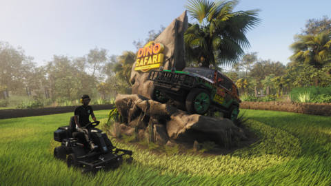mowing the entrance to a fictional Dino Safari tourist attraction in Lawn Mowing Simulator