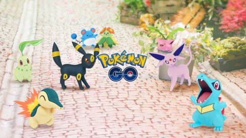 Pokémon Go artwork featuring Totodile, Cyndaquil, Chikorita, and other Pokémon