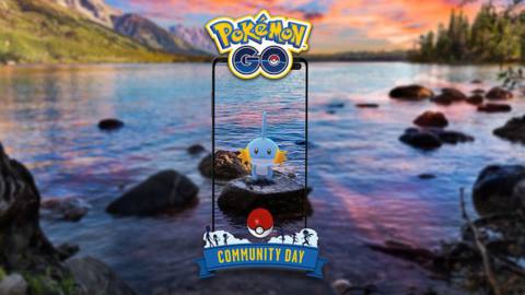Artwork of Mudkip on a river bed from Pokémon Go’s Community Day Classic event
