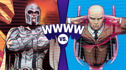 Graphic illustration with the letters WWWW vrs. in the center and images of Mutant characters Magneto and Professor X left and right