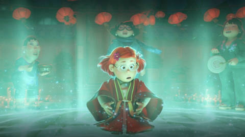 Mei starts to glow during a magical ritual in the animated movie Turning Red