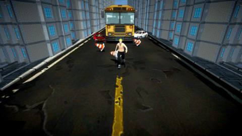 a shirtless character runs from a school bus down a city street