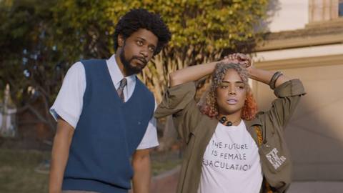 Lakeith Stanfield as Cassius Green and Tessa Thompson as Detroit star in director Boots Riley’s SORRY TO BOTHER YOU, an Annapurna Pictures release.