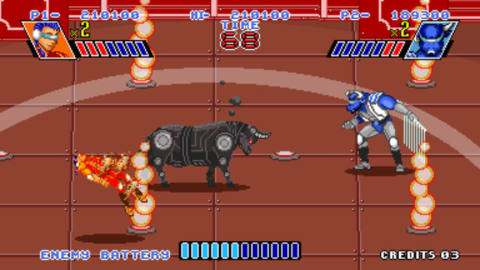 a futuristic bullfighting ring rendered in 16-bit graphics. the bull is a robot.