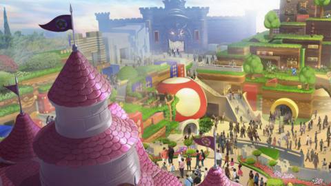 a render of the Super Nintendo World theme park, with Peach’s castle overlooking the rest of a theme park crowded with people