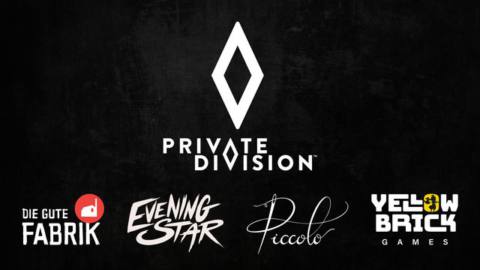 Logos for Private Division, Die Gute Fabrik, Evening Star, Piccolo, and Yellow Brick Games on a black background