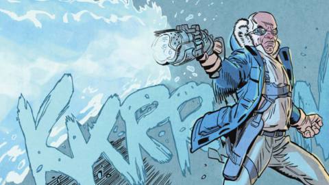 With a huge “KKRRRRRNNNN” sound effect, a middle-aged Captain Cold blasts a line of cops with his freeze ray, encasing them in blocks of ice.