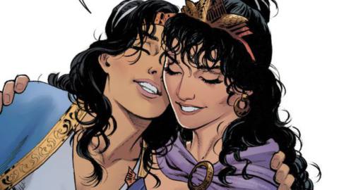 Wonder Woman (left) hugs her mother (right) Queen Hippolyta of the Amazons in Wonder Woman: Year One (2016).