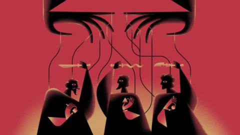 The concept art for the Slow Knife RPG, with Greek-style silhouette art of three men holding knives, dancing on the strings of a shadowy puppeteer