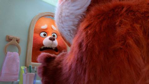 a giant red panda staring in a mirror in Turning Red