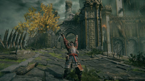 An Elden Ring player of the Samurai class does a celebratory pose at Margit’s battlefield