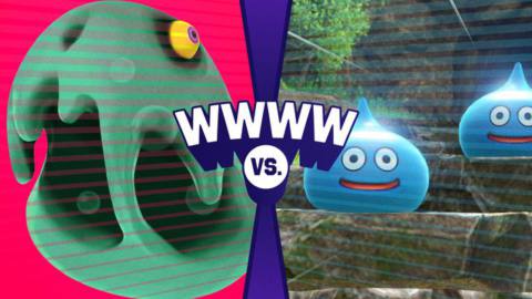 Graphic illustration with the letters WWWW vrs. in the center and images of Nintendo slime characters left and right