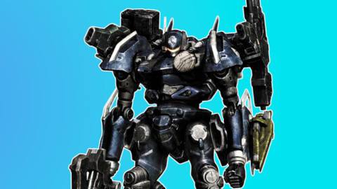 A blue Armored Core robot covered in weapons stands in front of a blue gradient background.