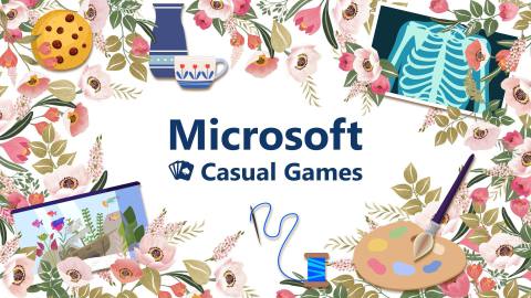 The Microsoft Casual Games logo is surrounded by a floral border. Intertwined in the flowers is an aquarium, chocolate chip cookie, pottery, x-ray, paint brush and pallet, needle and thread.