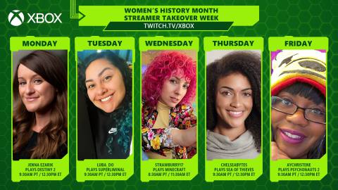 Green HoneyComb background with pictures of 5 women being featured on the Xbox Plays Women's History Month Streamer Takeover Week.