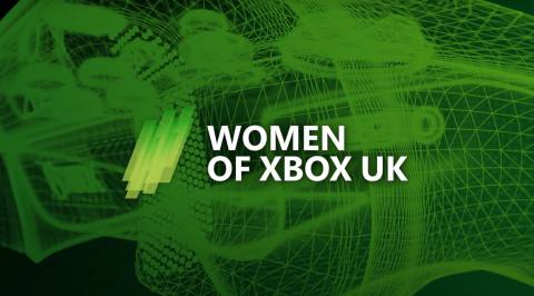 Green and black technological background swirls behind the main logo, which is written all in white capitals: Women of Xbox UK Podcast.