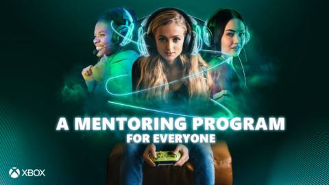 Woman gamer poses with an Xbox controller. A neon headset/cable wraps around the words “a mentoring program for everyone”.