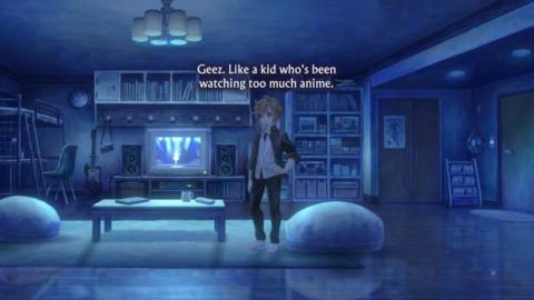 A young man sits in a dark apartment, contemplating his love of anime in 13 Sentinels: Aegis Rim on Switch