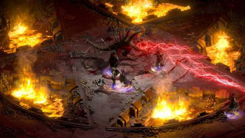 Adventures battle Diablo on a pentagram in a screenshot from Diablo 2: Resurrected