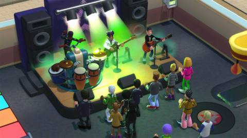 A band puts on a show in the game Two Point Campus. 