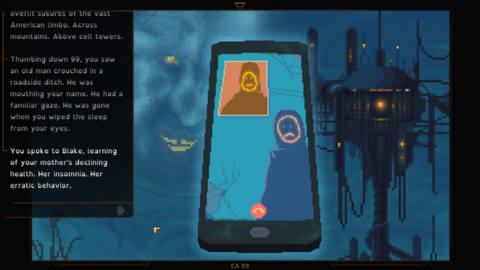 an image of the main character video chatting wither their brother in norco. there is text to the left that gives descriptive text of the main character driving. at the bottom the highlighted text reads “You spoke to Blake, learning of your mother’s declining health. her insomnia. her erratic behavior.” 